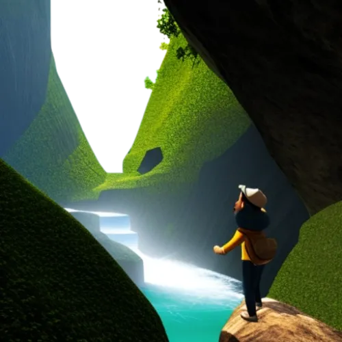 A boy discovering a scenic view in caves.